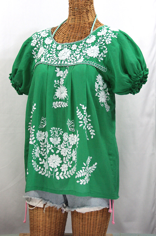 "La Mariposa Corta" Embroidered Mexican Style Peasant Top - Green