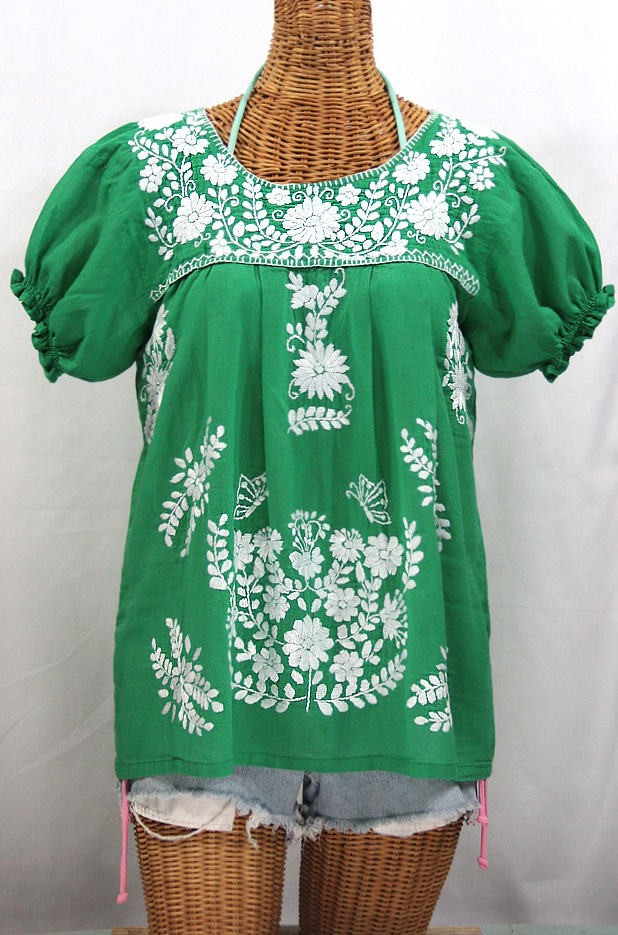 "La Mariposa Corta" Embroidered Mexican Style Peasant Top - Green