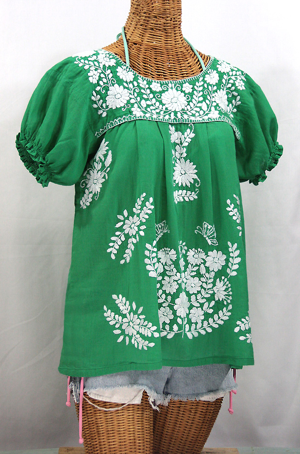 "La Mariposa Corta" Embroidered Mexican Style Peasant Top - Green