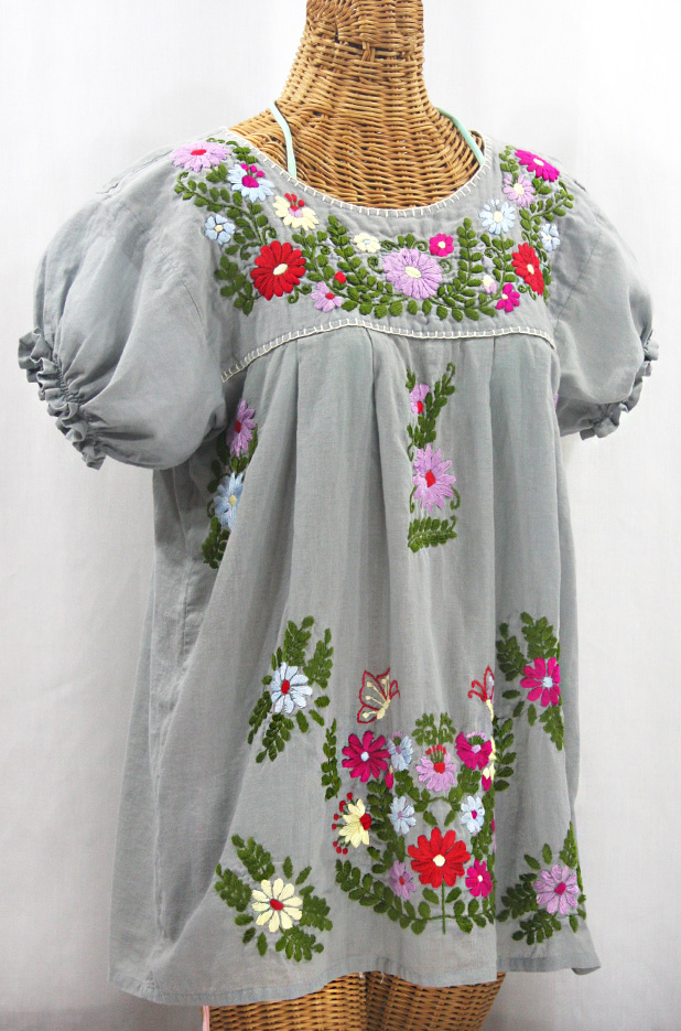 "La Mariposa Corta de Color" Embroidered Mexican Peasant Blouse - Grey + Multi