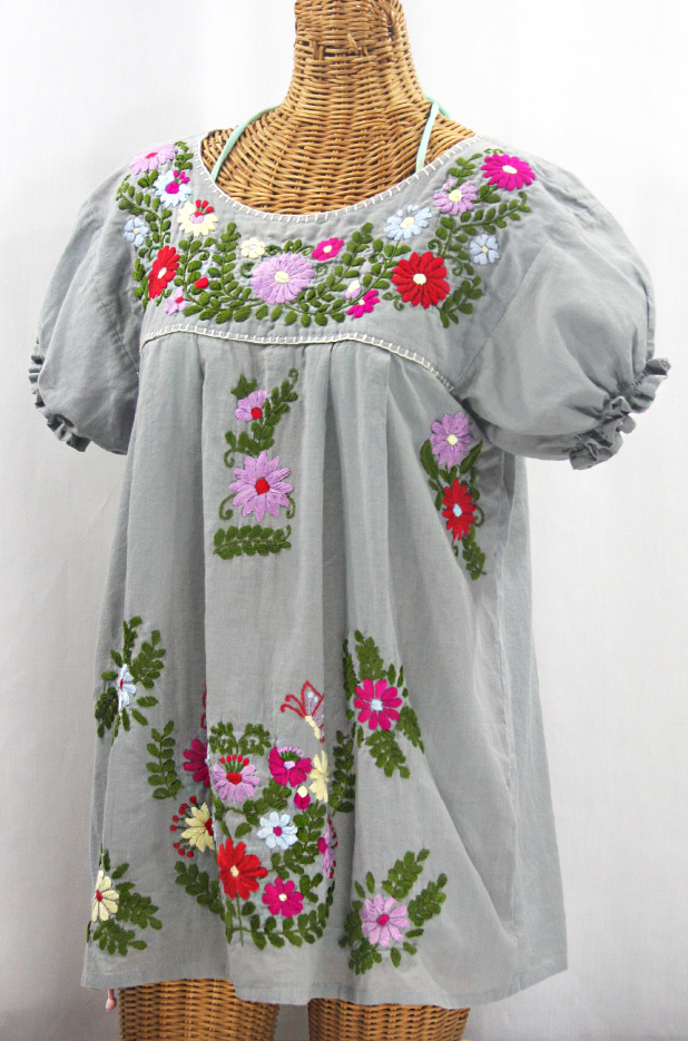 "La Mariposa Corta de Color" Embroidered Mexican Peasant Blouse - Grey + Multi