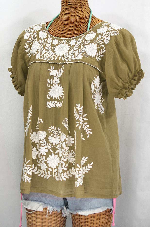 "La Mariposa Corta" Embroidered Mexican Style Peasant Top - Khaki