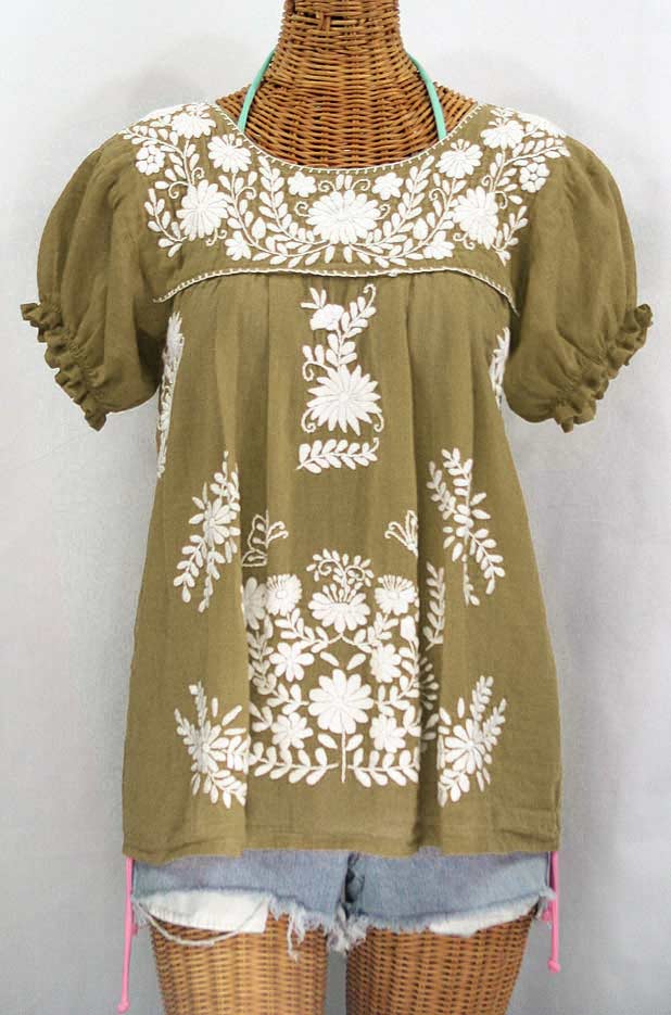 "La Mariposa Corta" Embroidered Mexican Style Peasant Top - Khaki
