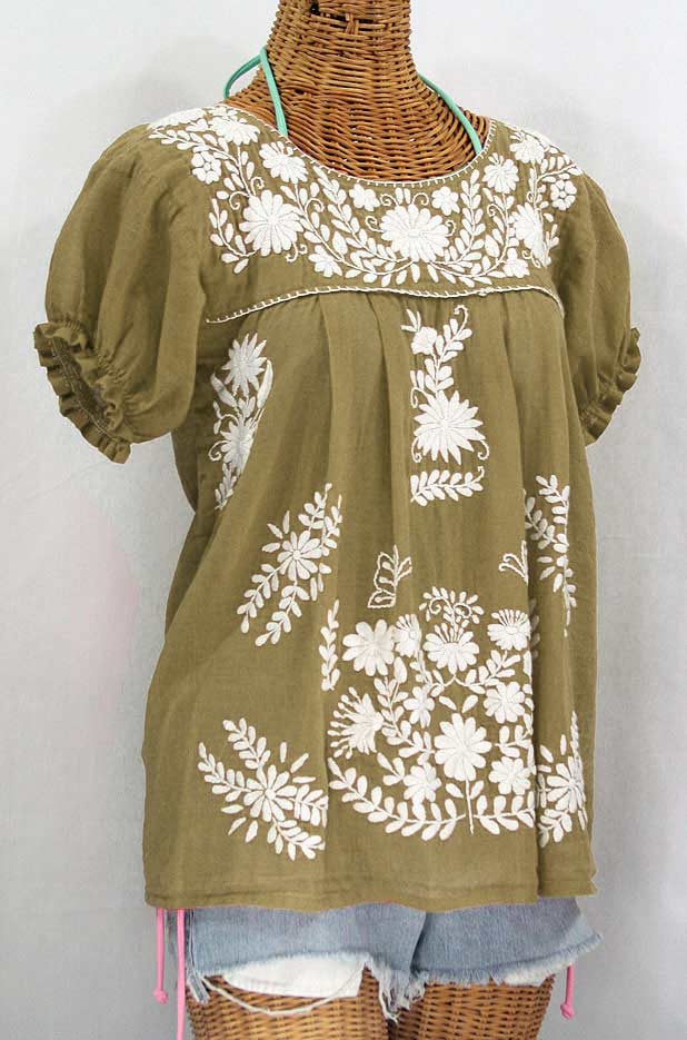 "La Mariposa Corta" Embroidered Mexican Style Peasant Top - Khaki