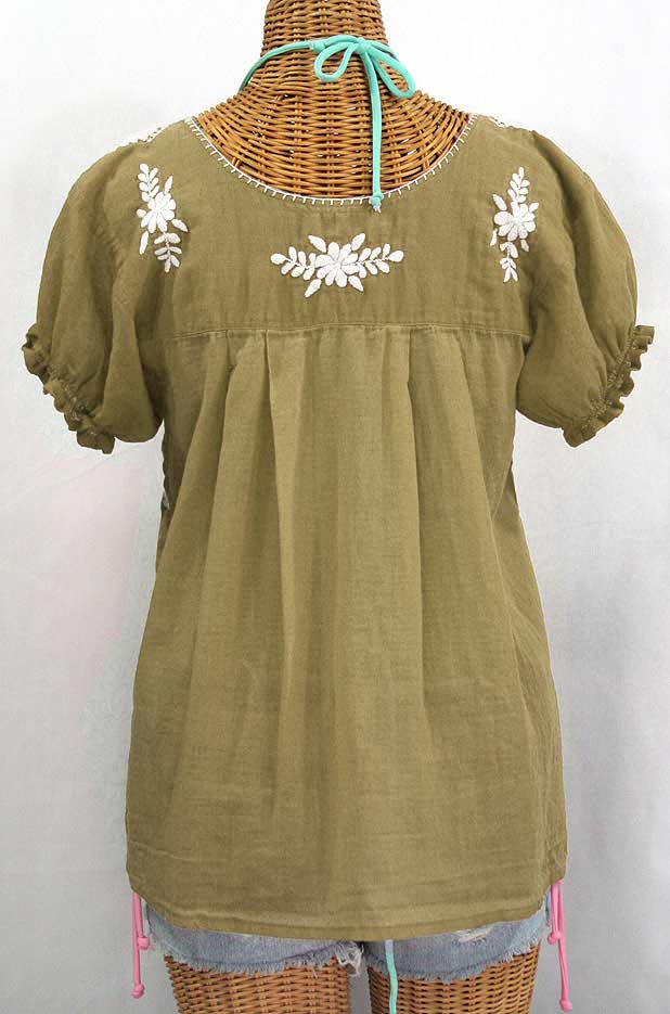 "La Mariposa Corta" Embroidered Mexican Style Peasant Top - Khaki