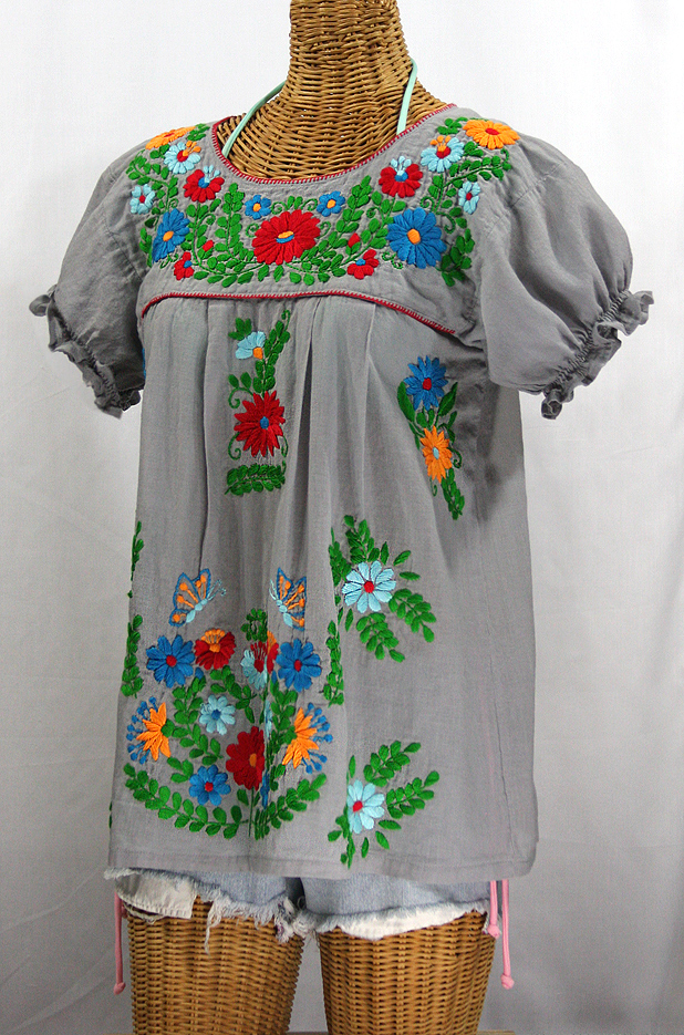 "La Mariposa Corta de Color" Embroidered Mexican Peasant Blouse - Grey + Fiesta
