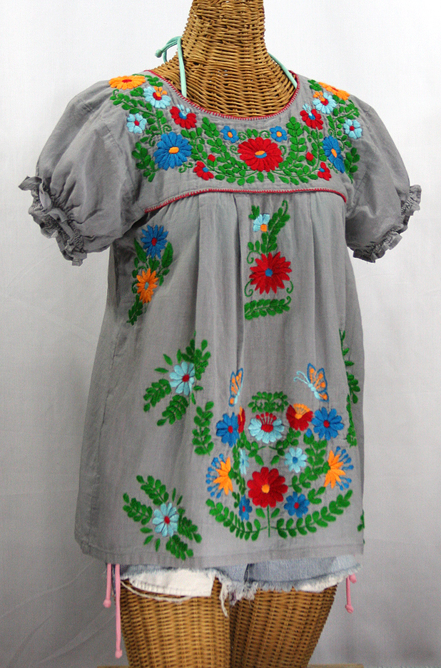 "La Mariposa Corta de Color" Embroidered Mexican Peasant Blouse - Grey + Fiesta