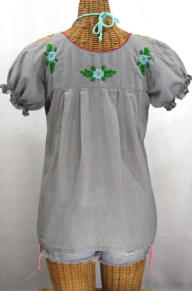 "La Mariposa Corta de Color" Embroidered Mexican Peasant Blouse - Grey + Fiesta