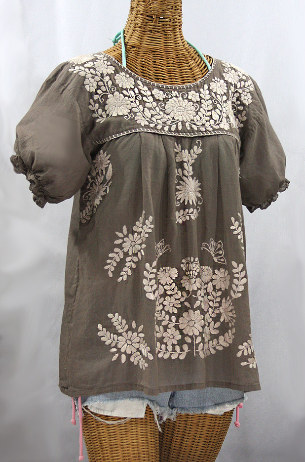 "La Mariposa Corta de Color" Embroidered Mexican Blouse - Fog Grey + Cream