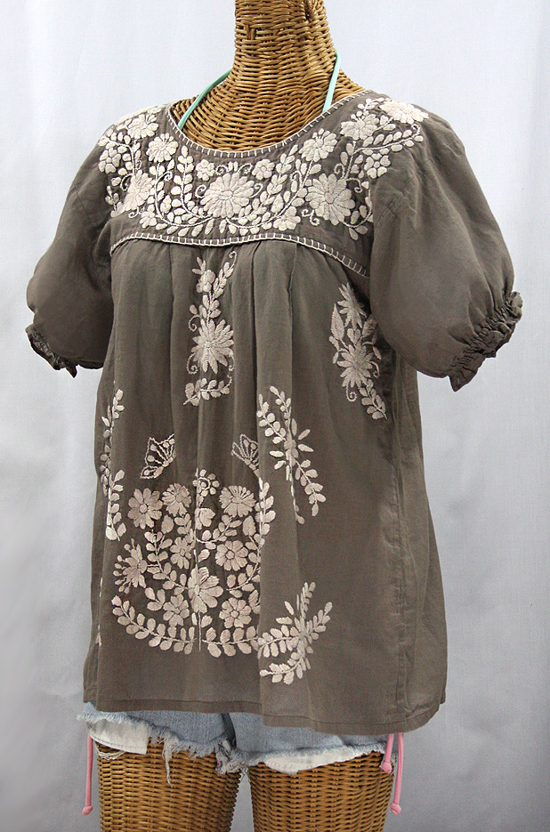 "La Mariposa Corta de Color" Embroidered Mexican Blouse - Fog Grey + Cream