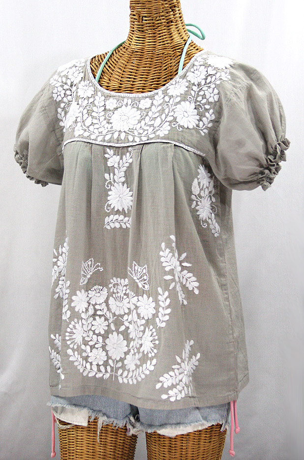 "La Mariposa Corta" Embroidered Mexican Style Peasant Top - Grey