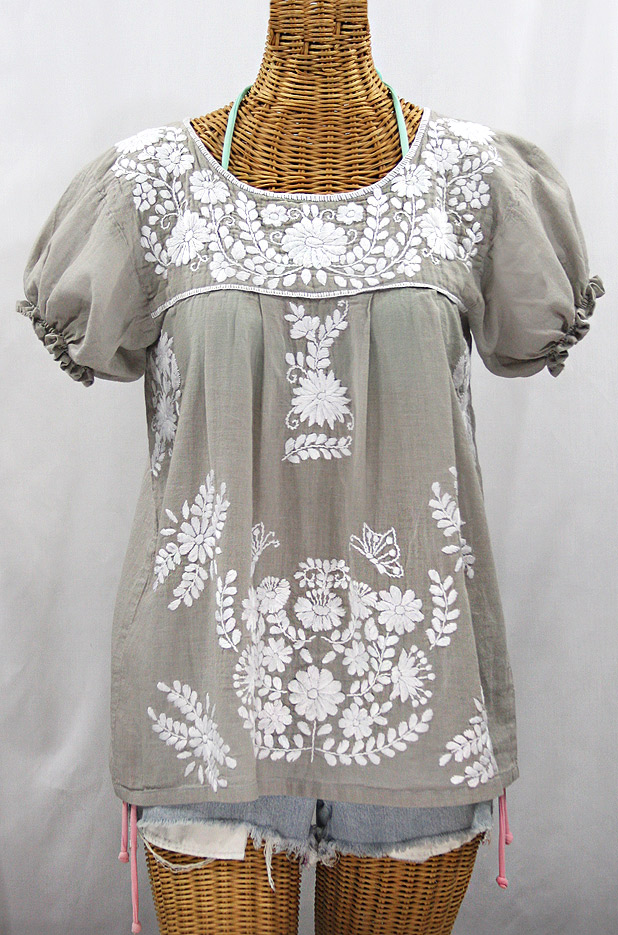 "La Mariposa Corta" Embroidered Mexican Style Peasant Top - Grey