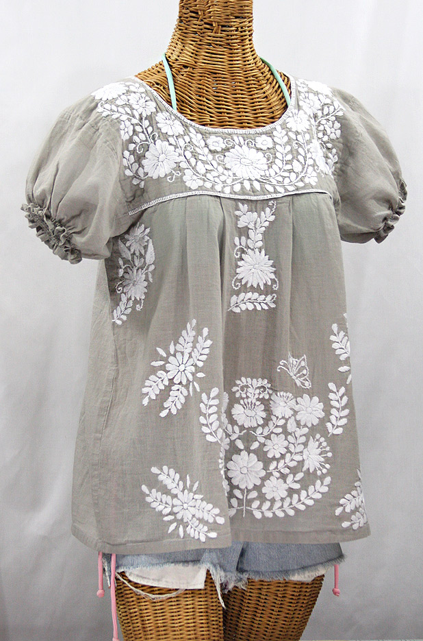 "La Mariposa Corta" Embroidered Mexican Style Peasant Top - Grey