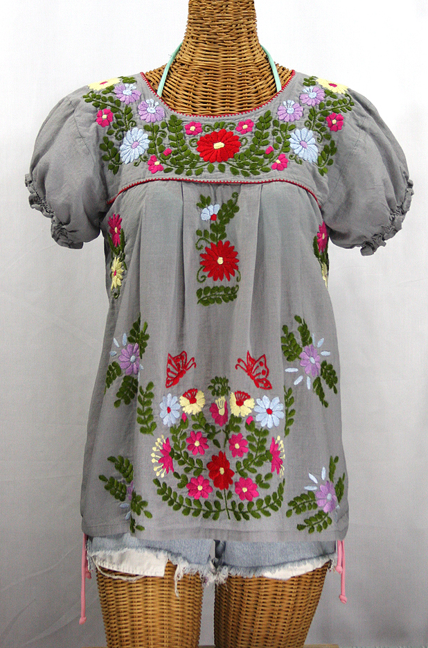 "La Mariposa Corta de Color" Embroidered Mexican Peasant Blouse - Grey + Multi