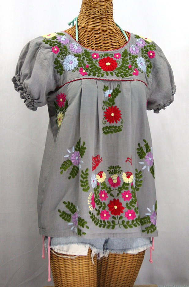 "La Mariposa Corta de Color" Embroidered Mexican Peasant Blouse - Grey + Multi