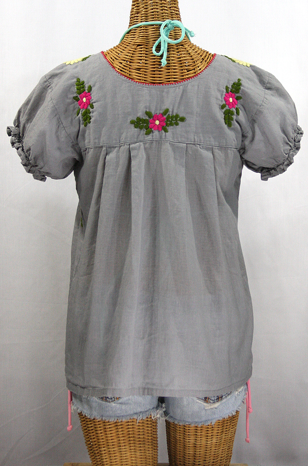 "La Mariposa Corta de Color" Embroidered Mexican Peasant Blouse - Grey + Multi