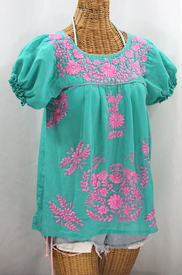 "La Mariposa Corta" Embroidered Mexican Style Peasant Top - Mint + Pink