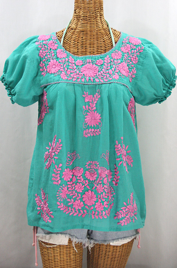 "La Mariposa Corta" Embroidered Mexican Style Peasant Top - Mint + Pink