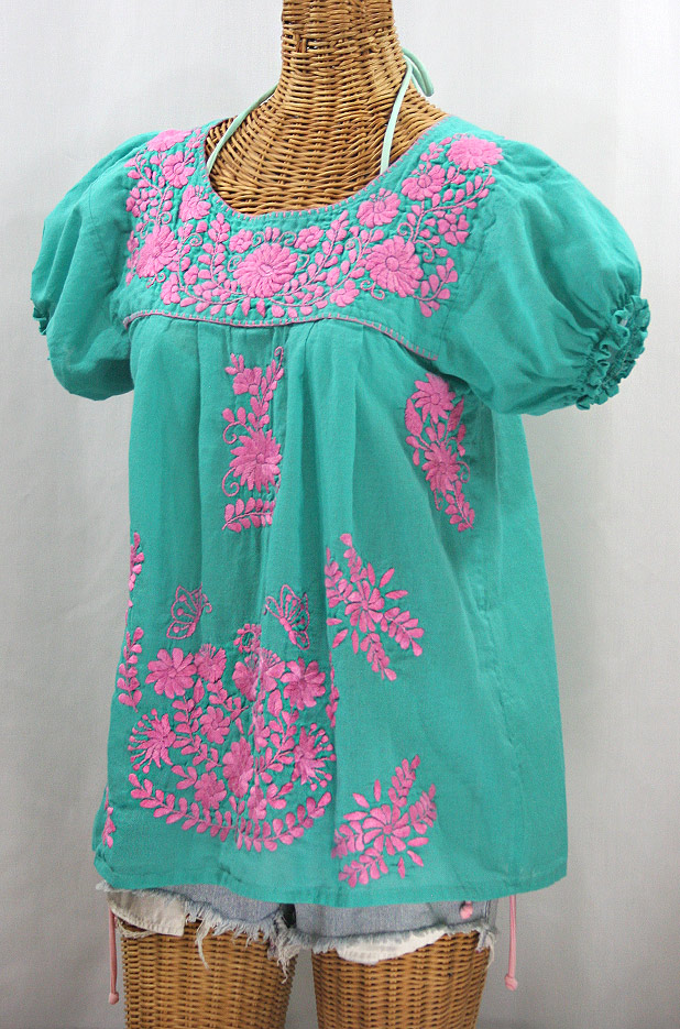 "La Mariposa Corta" Embroidered Mexican Style Peasant Top - Mint + Pink