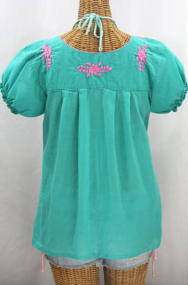 "La Mariposa Corta" Embroidered Mexican Style Peasant Top - Mint + Pink