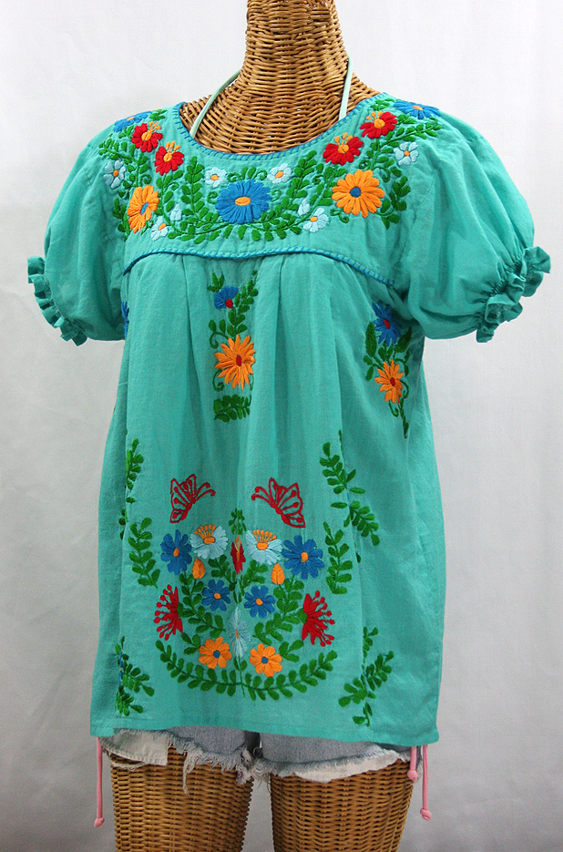 "La Mariposa Corta de Color" Embroidered Mexican Blouse - Mint Green + Fiesta