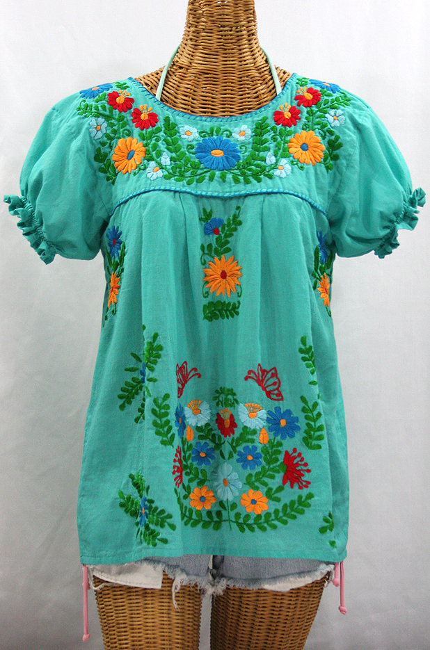 "La Mariposa Corta de Color" Embroidered Mexican Blouse - Mint Green + Fiesta