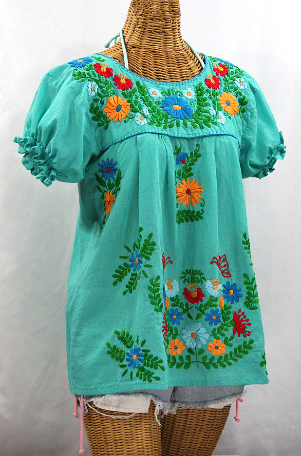 "La Mariposa Corta de Color" Embroidered Mexican Blouse - Mint Green + Fiesta