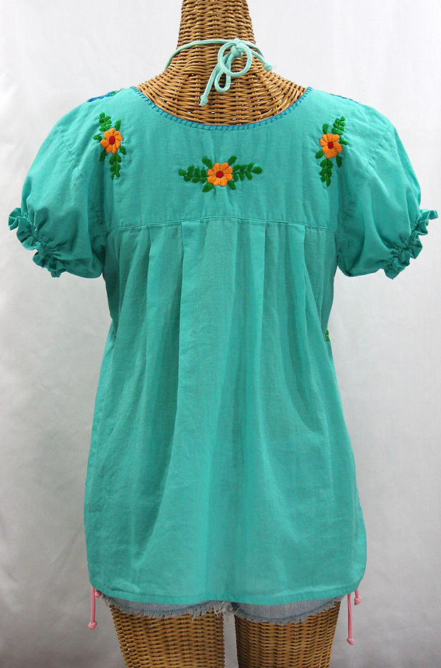 "La Mariposa Corta de Color" Embroidered Mexican Blouse - Mint Green + Fiesta