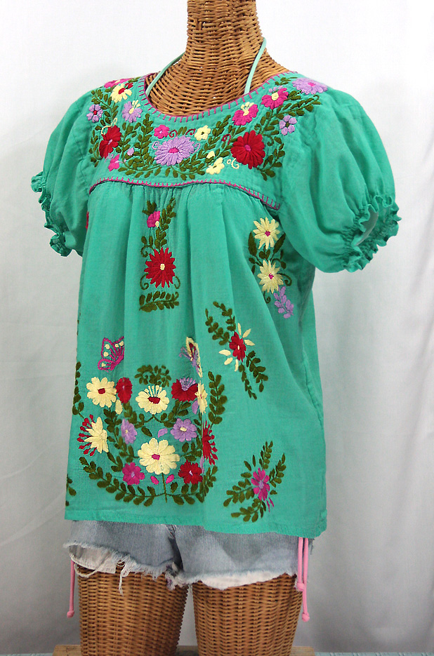 "La Mariposa Corta de Color" Embroidered Mexican Peasant Blouse - Mint Green