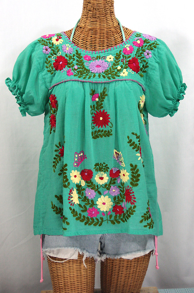 "La Mariposa Corta de Color" Embroidered Mexican Peasant Blouse - Mint Green