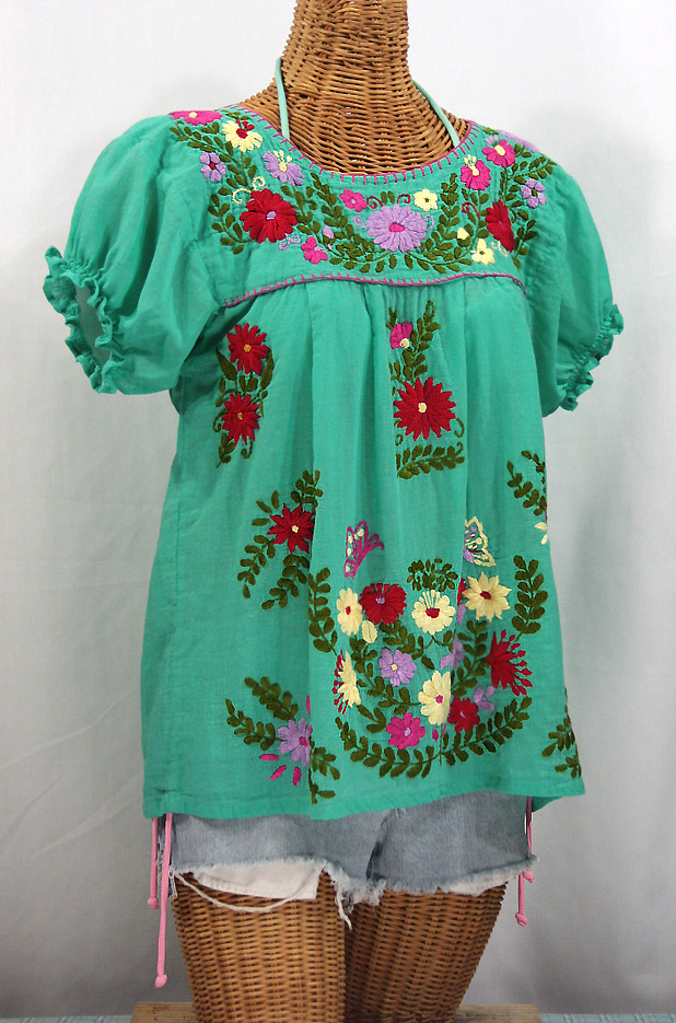 "La Mariposa Corta de Color" Embroidered Mexican Peasant Blouse - Mint Green