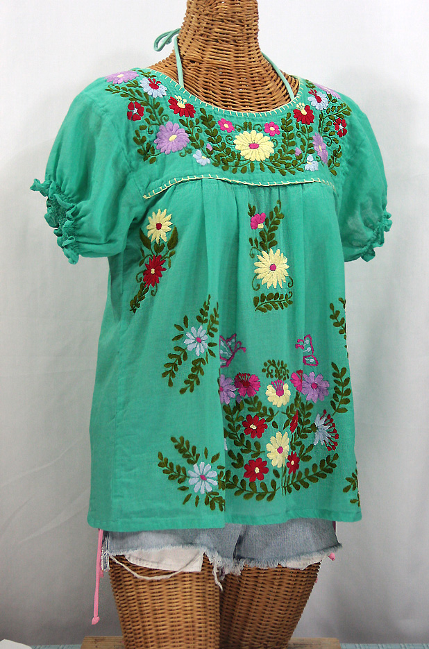 "La Mariposa Corta de Color" Embroidered Mexican Peasant Blouse - Mint Green