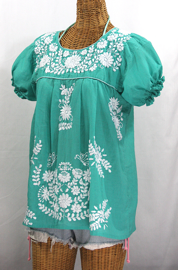 "La Mariposa Corta" Embroidered Mexican Style Peasant Top - Mint Green