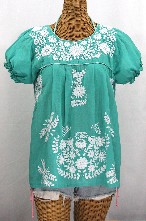 "La Mariposa Corta" Embroidered Mexican Style Peasant Top - Mint Green