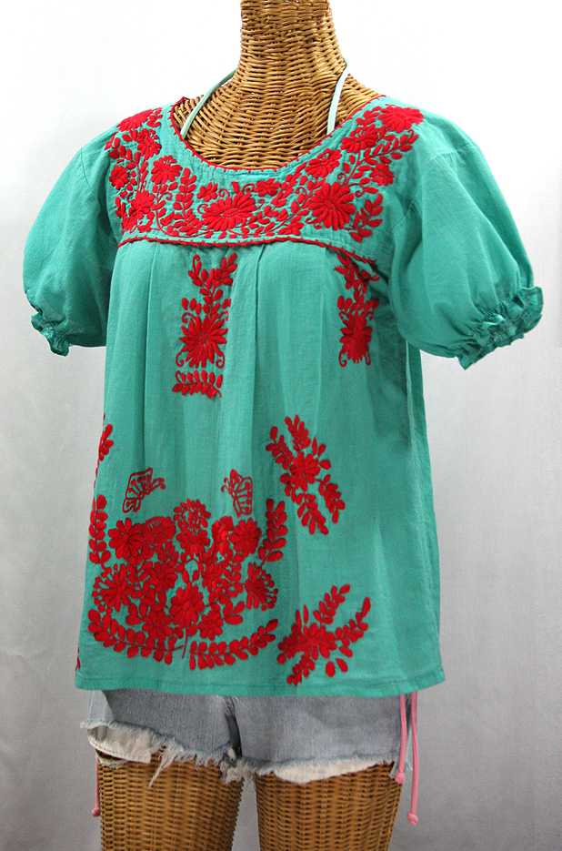 "La Mariposa Corta de Color" Embroidered Mexican Blouse - Mint + Red