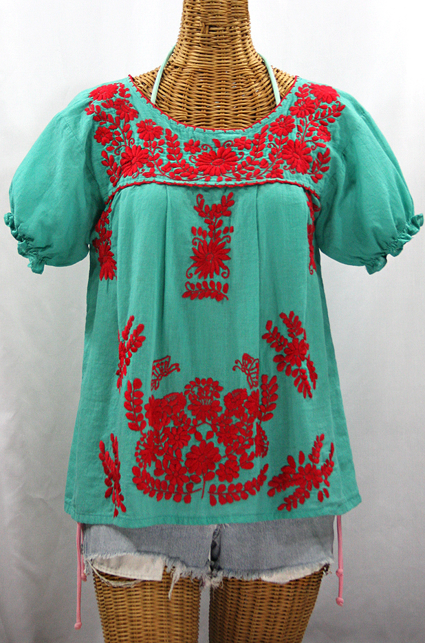 "La Mariposa Corta de Color" Embroidered Mexican Blouse - Mint + Red