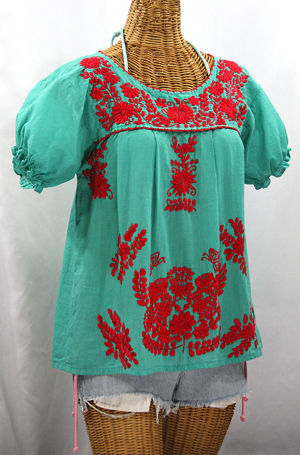 "La Mariposa Corta de Color" Embroidered Mexican Blouse - Mint + Red