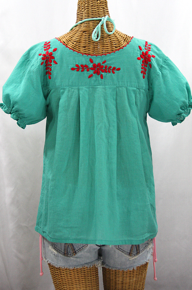 "La Mariposa Corta de Color" Embroidered Mexican Blouse - Mint + Red