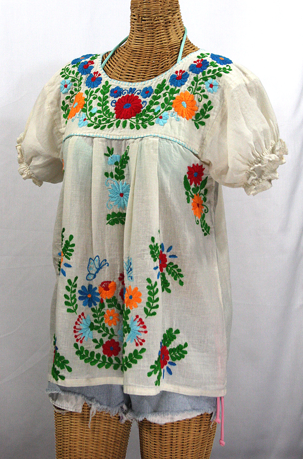 "La Mariposa Corta de Color" Embroidered Mexican Peasant Blouse - Off White + Fiesta