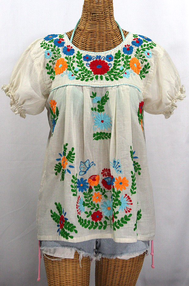 "La Mariposa Corta de Color" Embroidered Mexican Peasant Blouse - Off White + Fiesta