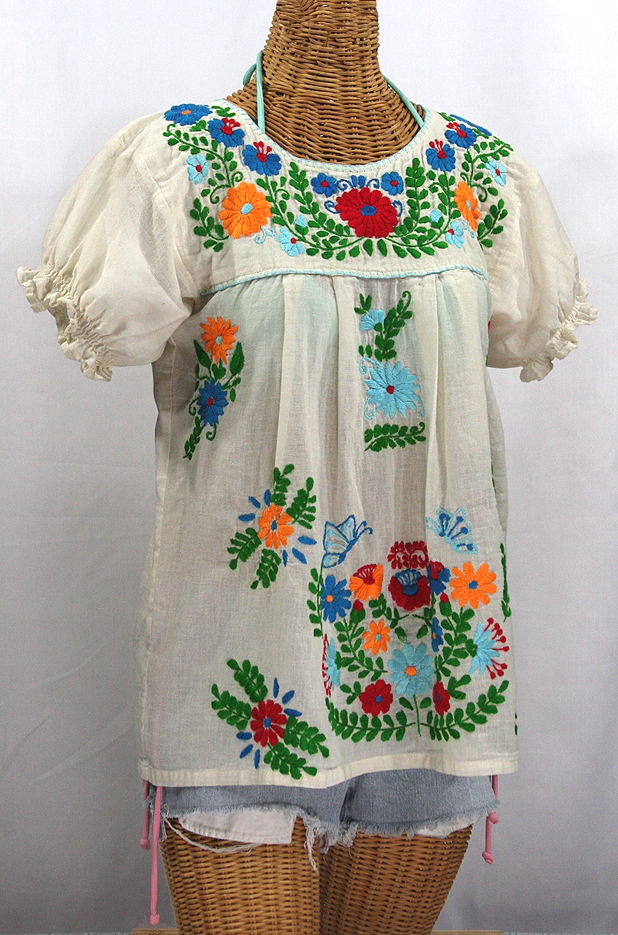 "La Mariposa Corta de Color" Embroidered Mexican Peasant Blouse - Off White + Fiesta