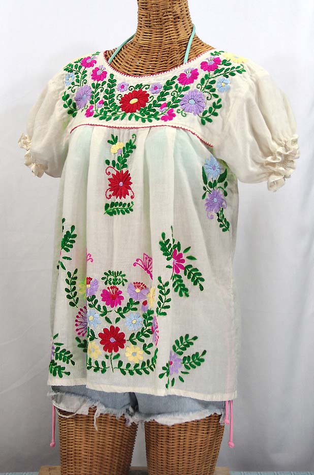FINAL SALE -- "La Mariposa Corta de Color" Embroidered Mexican Blouse - Off White + Bright Multi