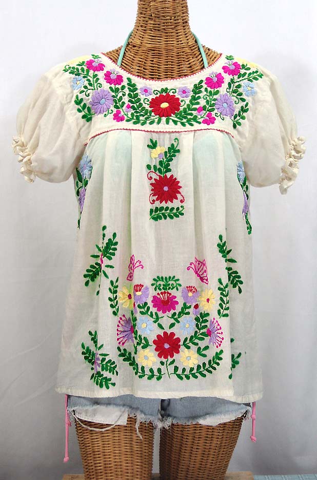 "La Mariposa Corta de Color" Embroidered Mexican Blouse - Off White + Bright Multi