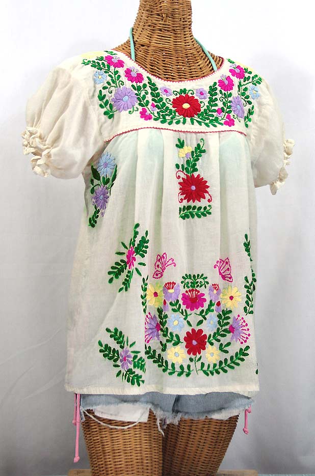 FINAL SALE -- "La Mariposa Corta de Color" Embroidered Mexican Blouse - Off White + Bright Multi