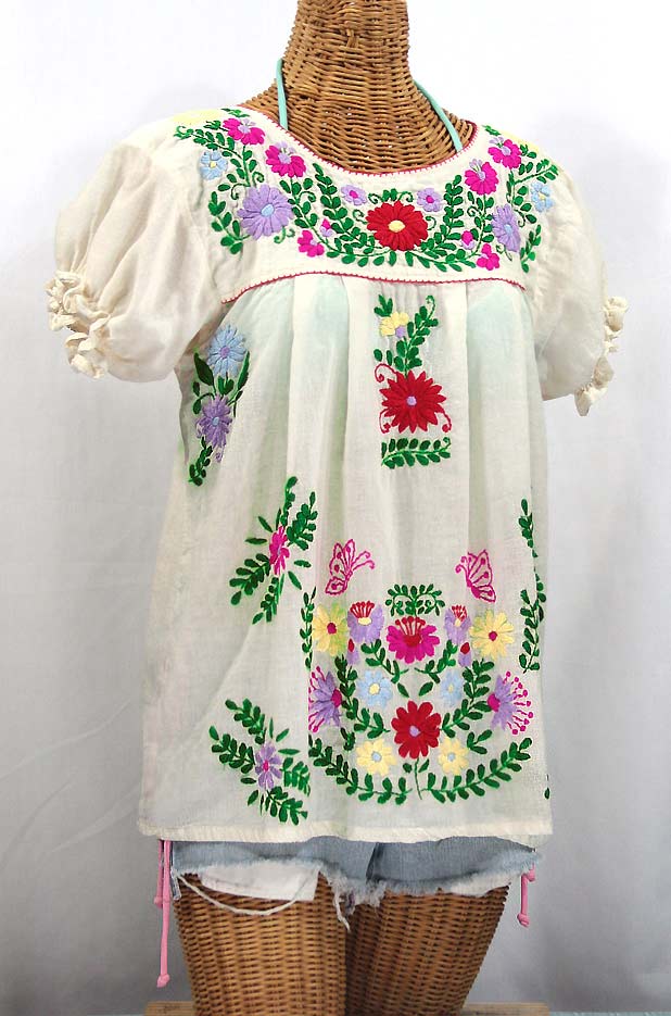 "La Mariposa Corta de Color" Embroidered Mexican Blouse - Off White + Bright Multi