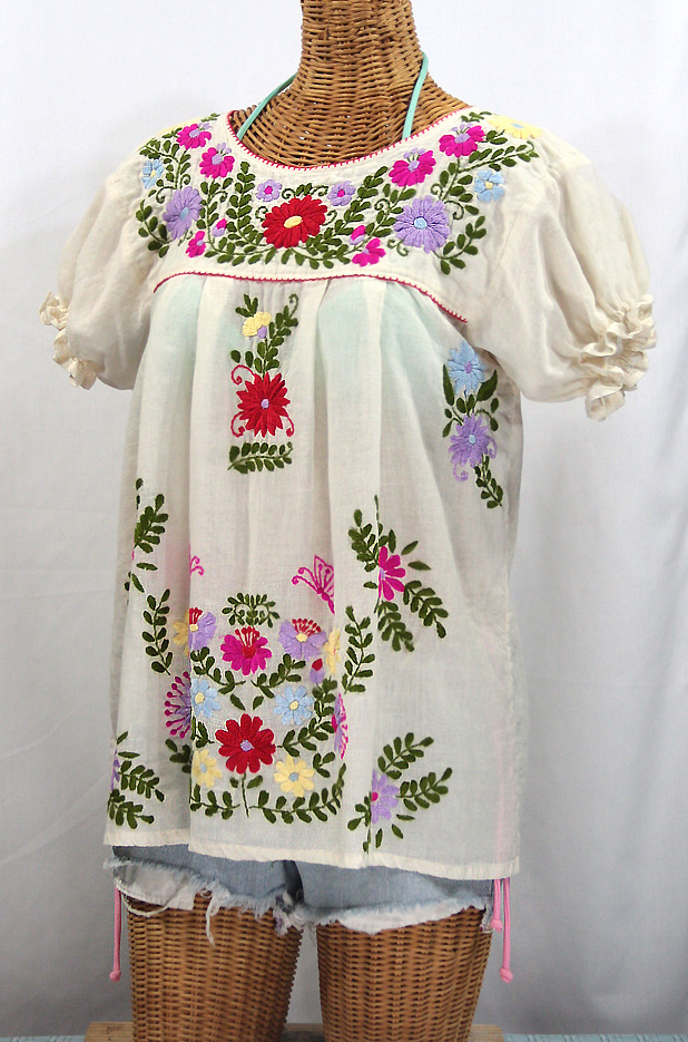 "La Mariposa Corta de Color" Embroidered Mexican Peasant Blouse - Off White