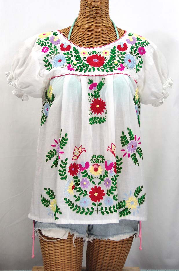 "La Mariposa Corta de Color" Embroidered Mexican Blouse - White + Bright Multi