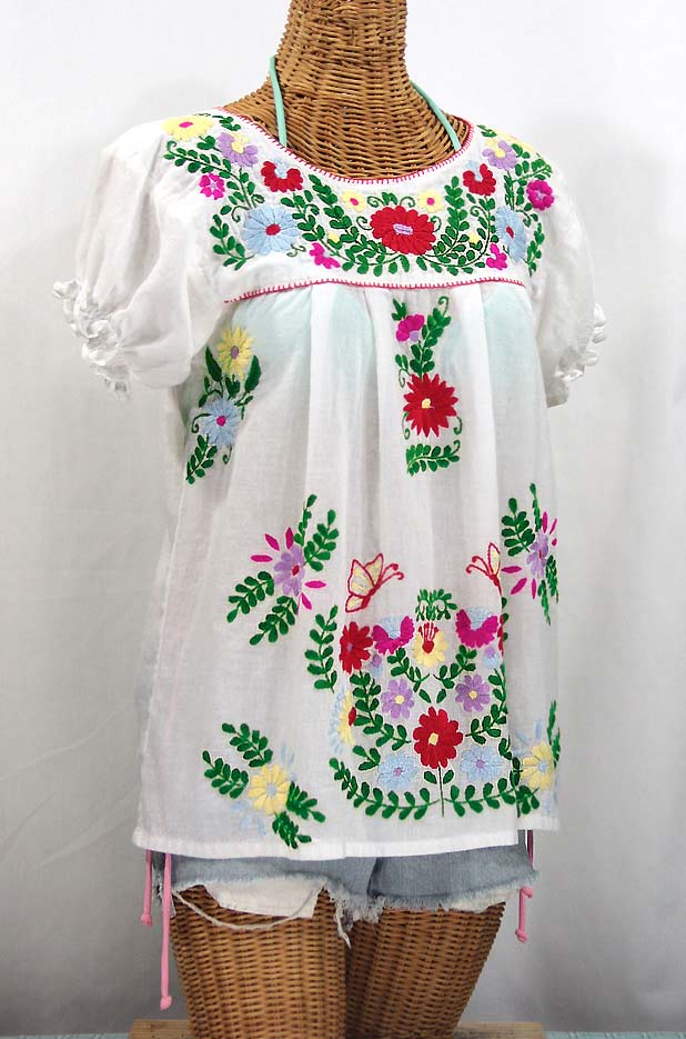 "La Mariposa Corta de Color" Embroidered Mexican Blouse - White + Bright Multi