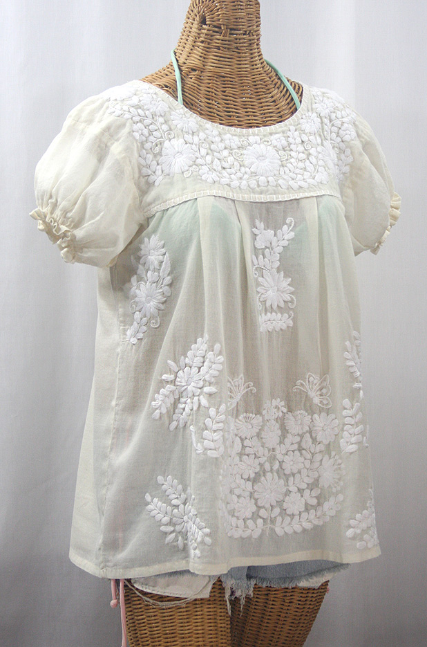 "La Mariposa Corta" Embroidered Mexican Style Peasant Top - Off White + White