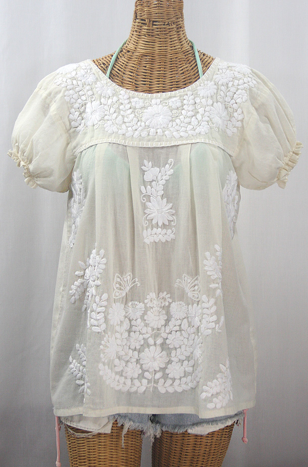 "La Mariposa Corta" Embroidered Mexican Style Peasant Top - Off White + White